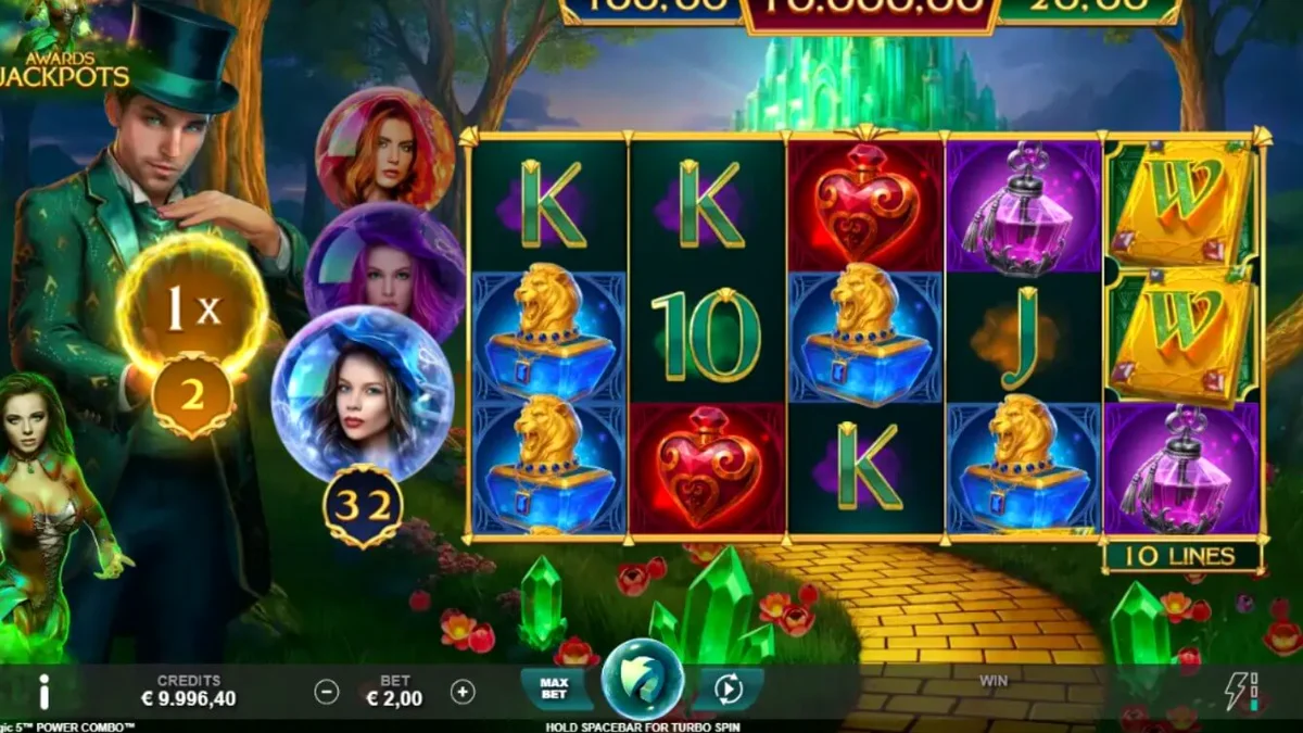 Cenário mágico e vibrante do slot Book of Oz Magic 5 Power Combo