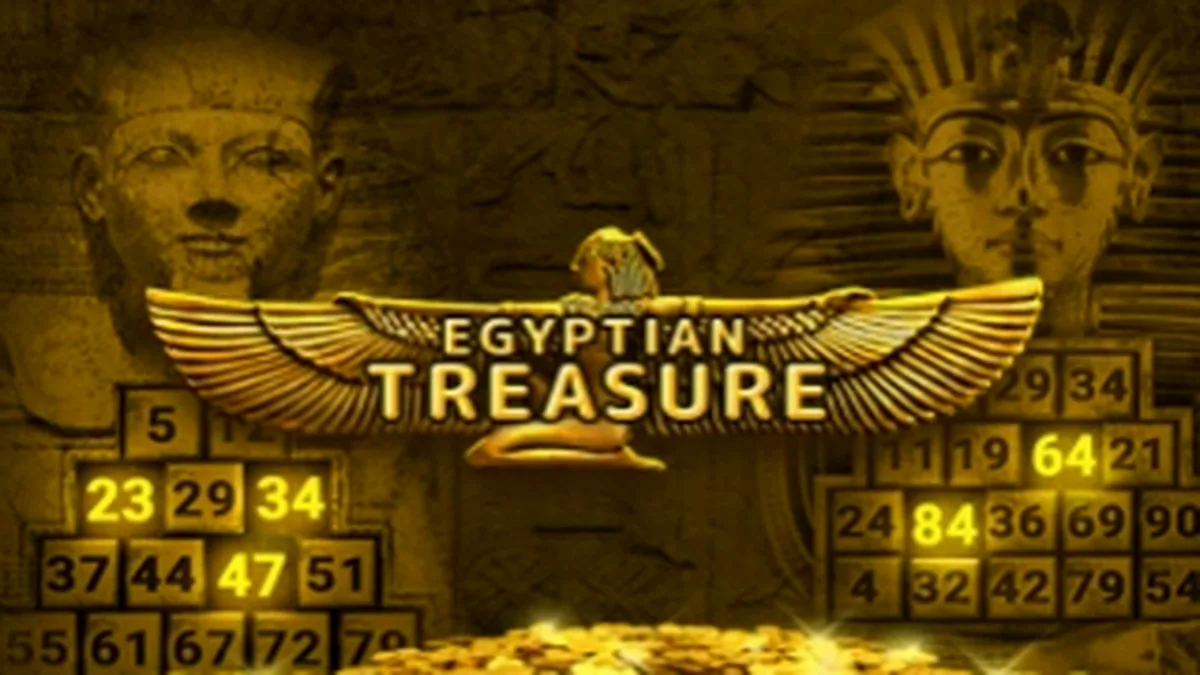Visual vibrante e dourado do slot Egyptian Treasure da 7777 gaming