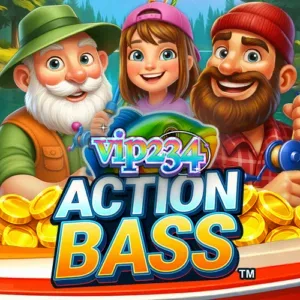 Interface do jogo de caça-níqueis Action Bass com tema de pesca